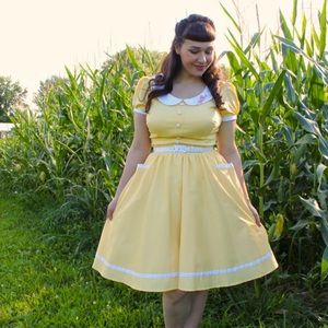 Dee Dee Dress Yellow Polka Dot Pinup girl couture